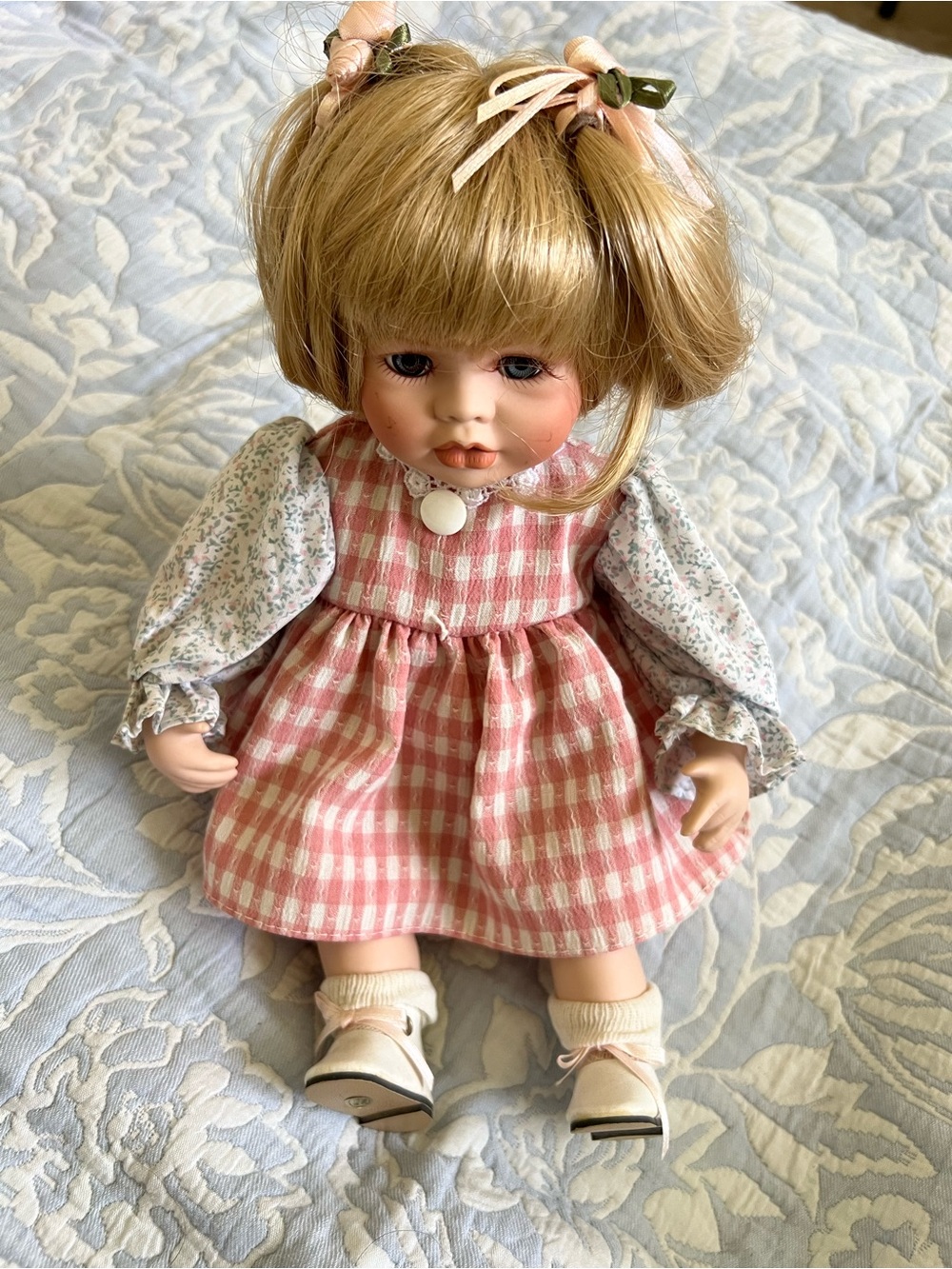 Blonde Hair Baby Doll in Pink Gingham Dress